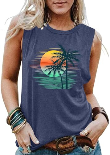 VVNTY Hawaiian Tank Tops for Women Palm Trees Beach Vest Sunset Graphic Tops Summer Vacation Sleeveless Outfits