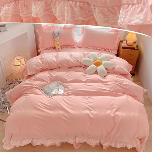 Pink Ruffle Duvet Cover Set for Girls 2 Pieces Women Lace Bedding Set with 2 Pillowcases Soft Microfiber Duvet Cover Single 135x200 cm