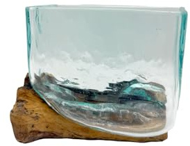 Vase rectangulaire décoratif en verre soufflé avec base en bois naturel, centre de table artisanal