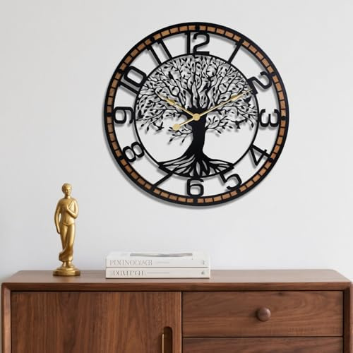 Dankeit Horloge murale arbre de vie, 61 cm en métal noir, arbre généalogique, horloge murale surdimensionnée en bois pour salon, chambre à coucher, décoration d'intérieur, moderne et silencieuse