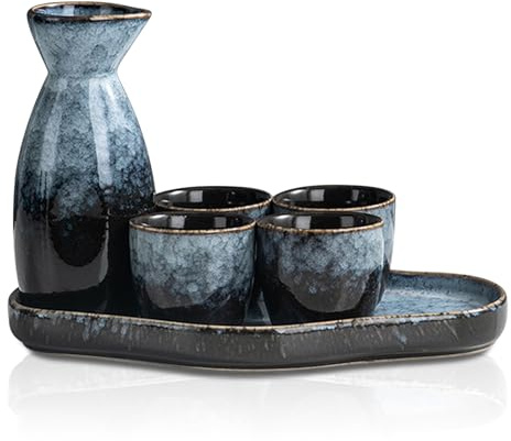 Set di sake in ceramica giapponese, 6 pezzi. Set tradizionale giapponese da sake con 4 tazze da sake da 35 ml, 1 barattolo di sake, 175 ml, 1 vassoio, set di tazze da sake in porcellana smaltata
