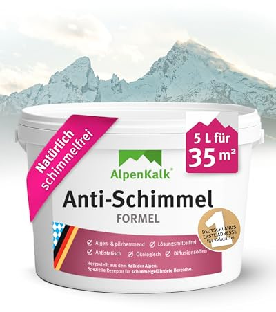 AlpenKalk Anti-Schimmel Kalkfarbe I 5l für ca. 35m² I Atmungsaktiv & wischfest mit Langzeitschutz I Spezielle Anti-Schimmel-Formel ohne aggressive Chemikalien I Ideal für feuchte Innenräume