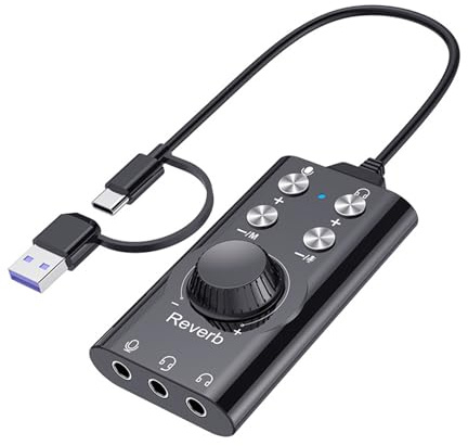 YUEHISY Tarjeta de Sonido USB, Sonido Envolvente Estéreo Externo con Control de Volumen, Cambio de Voz, Adaptador USB a Jack de 3,5 Mm, para PC Portátil, Plug and Play