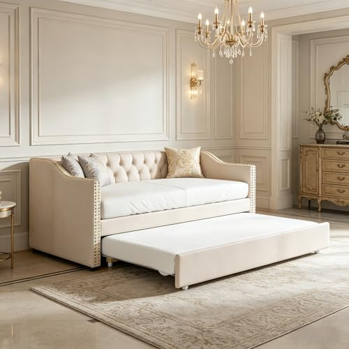 Polstersofa 90x200 cm, ausziehbares Schlafsofa, Schlafsofagestell mit Lattenrost, Klappsofa platzsparende Ausführung für Gästebett, für Schlafzimmer Wohnzimmer (Beige A, 90/180x200cm)
