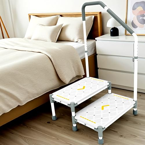 Tritthocker 55cm Trittfläche–Armlehnen höhenverstellbar, bis 225 kg | Nachtleuchtstreifen, rutschfest–Für hohe Betten Wohnmobile,Küche,Bad & Senioren