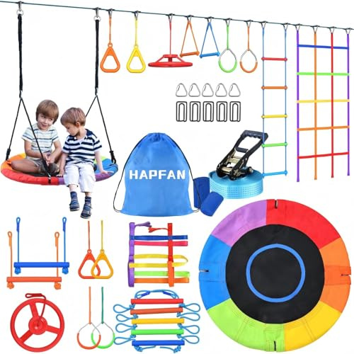 Hapfan 15M Ninja Slackline Kinder Nestschaukel Outdoor Set mit Seilrolle, Ninja Warrior Parcours Kinder mit 10 Hindernissen, Klettergerüst, Kletternetz, Kletterleiter Gym Ring Baumschutz (Bunt)
