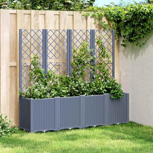 Mokuyary Pot de fleurs rectangulaire avec treillis bleu gris 160 x 40 x 140 cm - En polypropylène - Pour l'extérieur et l'intérieur - Résistant au gel - Protection UV