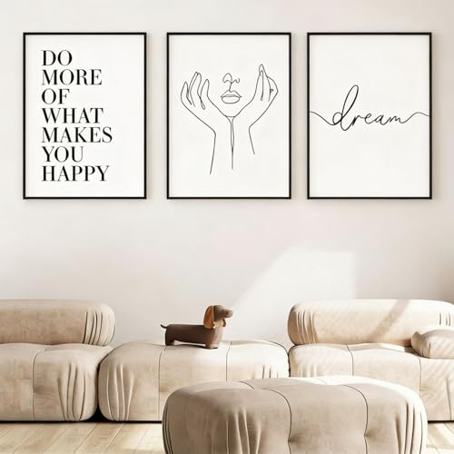 Xiyocadt 3er Minimalistische Wandkunstdrucke Poster Set,Schwarze Weiße Linien Bilder ‘’DO MORE OF WHAT MAKES YOU HAPPY‘’ Sprüche,One-Line-Art Weibliches Porträt Leinwandbilder ohne Rahmen (21 * 30cm)