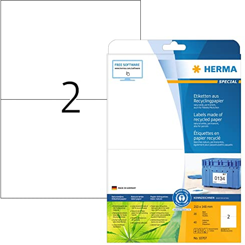 HERMA 10707 Recycling Etiketten, 640 Blatt, 210 x 148 mm, 2 pro A4 Bogen, 1280 Stück, selbstklebend, bedruckbar, matt, blanko Recycling-Papier Klebeetiketten Aufkleber, natur-weiß