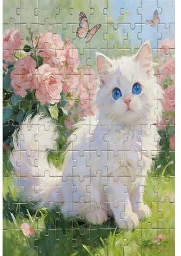 Puzzle Erwachsene, Puzzle 300 Teile, Süße Weiße Katze Im BlumenGarten Mit Schmetterlingen, Ruhiges Motiv Für Erwachsene & Senioren