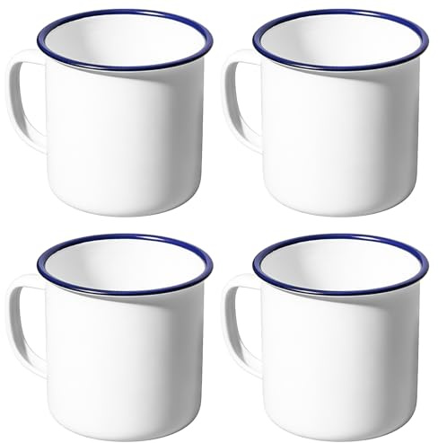 Nimblyne 4 tazze smaltate da 350 ml: portatile e leggero con manico, tazza da caffè smaltata retrò per casa, feste, ufficio, campeggio e regalo (bianco)