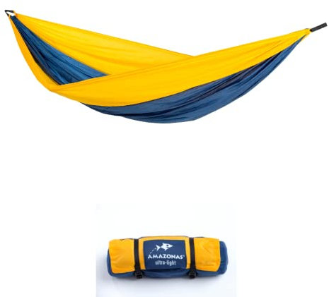 AMAZONAS Ultra-Light Hängematte Adventure Hammock XXL Nemo - Die leichteste Supersize Hängematte der Welt 350g 320x 230 cm Packmaß 24 x 7cm bis 200 kg in Gelb-Blau