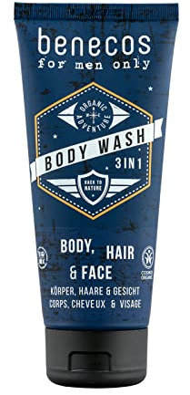 Benecos Bio Cosmetics - Gel Douche 3 en 1 pour le Corps, les Cheveux et le Visage (Barbe) - Végétalien - 200 Ml