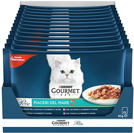 Gourmet Lot de 12 Perles Chat Plaisirs de la mer avec Saumon, platesse, Thon et Poisson de l'océan, 4 x 85 g