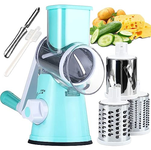 KEOUKE Rotary Cheese Grater Hand Crank Vegetable Cheese Shredder Slicer Grater for Kitchen 3 Changeable Blades for Cheese Potato Zucchini Nuts Chocolate (Light Blue)
