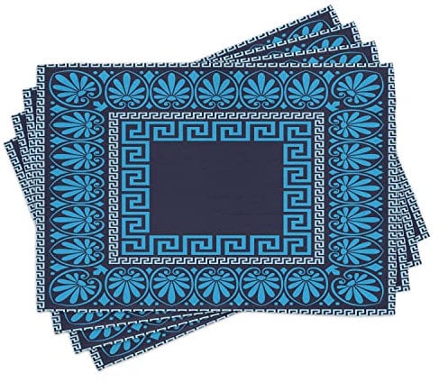 ABAKUHAUS Greek Key Platzmatten, Filigrane Blumen Fret, Waschbare Stoff Esszimmer Küche Tischdekorations Digitaldruck, Dunkelblau Blau