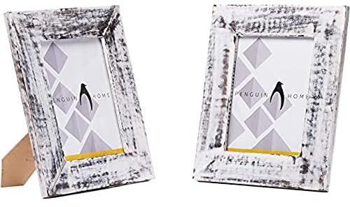 Penguin Home Set of 2 Photo Picture Frames-Wood-7 x 5-Handcrafted Finish - Portrait and Landscape Orientation-Freestanding and Wall Mount Compatible, Washed White, (17 x 12 cm)