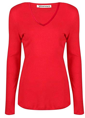 janisramone Womens Ladies V Neck Long Sleeve T-Shirt Stretchy Plain Jersey Slim Fit Casual Basic Tee Tops Red