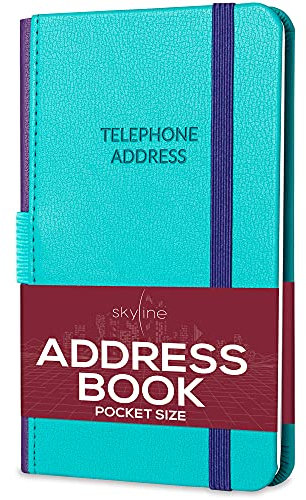 Skyline Adressbuch - Mini Telefonkontaktbuch mit Passwortprotokoll für Geldbörse - kleines Telefonnummernbuch für Damen & Herren - Taschengröße, 8,9 x 15,2 cm, Hardcover (Türkis)