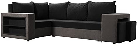 Ecksofa Onosi mit Bettkasten und Schlaffunktion, Eckcouch mit Bettfunktion für Wohnzimmer, 2 Polsterhocker, Regalfächer in der Armlehne, L-Form Sofa (Mikrofaza 0027 + Mikrofaza 0015, Seite: Links)