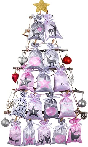 PANSIBY Adventskalender zum Befüllen, Weihnachtskalender Selbstbefüllen Aufhängen mit Rosa Grau Stoff Säckchen, 24 Stoffsäckchen Groß (12x20cm) Kette zum Selber Basteln für Kinder Mädchen Frauen