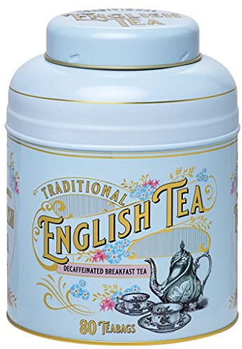 New English Teas Vintage Victorian Powder-Blue Tea Caddy with 80 Decaffeinated Breakfast Teabags