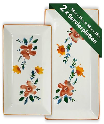 Lashuma 2x Keramikteller eckig, Servierplatte bunt Blütenfest 28x15 cm, Salatteller tief 38x18 cm