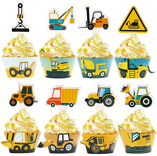 48 Stück Bagger Tortendeko Baustelle Cake Topper und Bagger Cupcake Wrapper Papier Bau Thema Kuchendekoraion für Baustelle Party Bagger Geburtstag Baufahrzeug Deko Kindergeburtstag Junge usw.