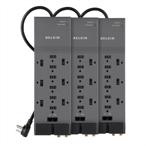 Belkin Protector de sobretensiones de 12 tomas de corriente con cable de 10 pies y teléfono, Ethernet, protección coaxial, BE112234-10, gris (paquete de 3)