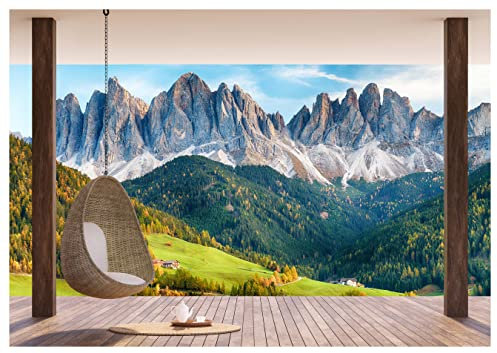 wandmotiv24 Fototapete Ausblick Berge Wald Himmel, XXL 400 x 280 cm - 8 Teile, Wanddeko, Wandbild, Wandtapete, Hängesessel Holz Teekanne Tasse Pergola M6854