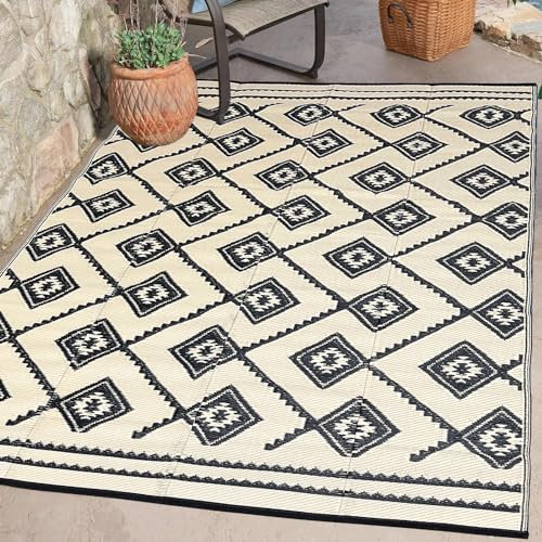 LILIOFFIC Tappeto da esterno, reversibile, 1,5 x 20,3 m, in plastica, impermeabile, per interni ed esterni, camper, terrazza, picnic, spiaggia, rimorchi, campeggio (nero e beige)