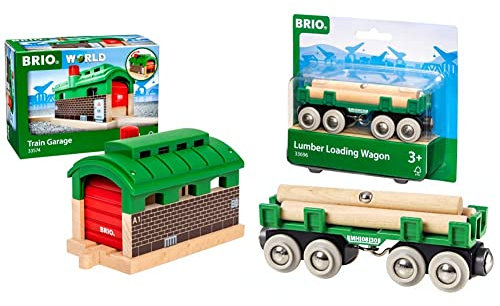 BRIO World 33574 - Lokschuppen mit Rolltor Mehrfarbig & Bahn 33696 - Langholzwagen