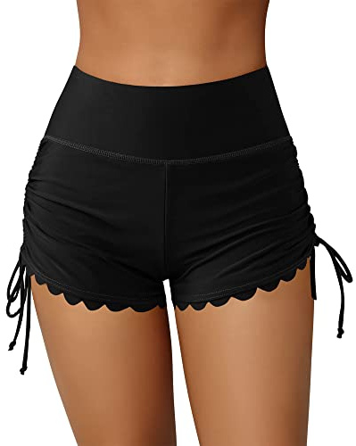 ATTRACO Women High Waisted Swim Shorts Scalloped Tie Side | Scallpoed Hem, Drawstring Side, Full Liner, Quick Dry, Tummy Control, Elastic Fabric, Surfing, Diving, Beach Wear