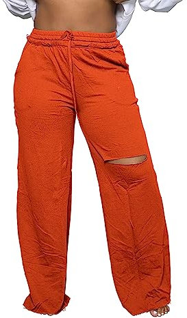 PINSV Wide Leg Pants for Women Drawstring Baggy Casual Sweatpants, Orange, M