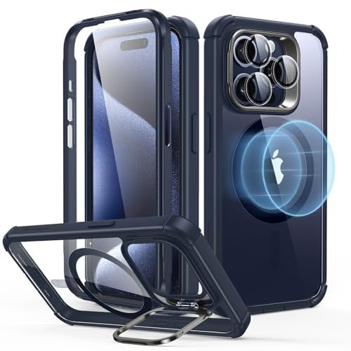 ESR for iPhone 15 Pro Case, Full-Body Shockproof MagSafe Case, Exceeds Military-Grade Protection, Magnetic Phone Case for iPhone 15 Pro, 2-Part Tough Case with Stand, Armor Series, Clear Dark Blue