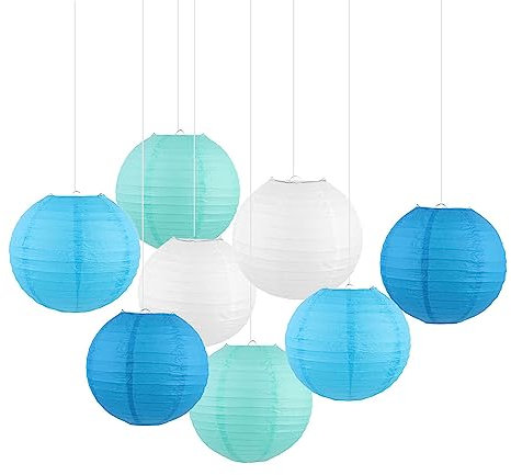 Surwin 8 Stück Papier Laterne Dekoration mit Blau Grün Weiss Runde Papierlaterne, Bunt Faltbar Lampenschirm für Hochzeit, Geburtstag, Abschlussfeier, Babyparty, Gartenparty (20cm)