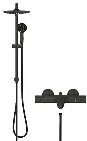 GROHE Precision Start – Black Thermostatic Bath Mixer with Automatic Bath/Shower Diverter (Wall-Mounted, EcoButton Water-Saving Technology, Safety Button at 38°C), Matt Black, 345982433