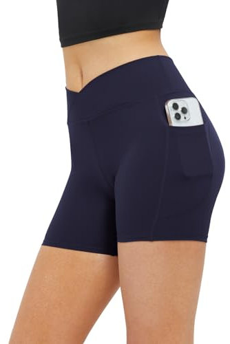 Glacspyg Radlerhose Damen mit Tasche Kurze Sporthose V-Taille High Waist Gym Shorts Kurze Leggings für Yoga Gym Fitness Laufen Marineblau S