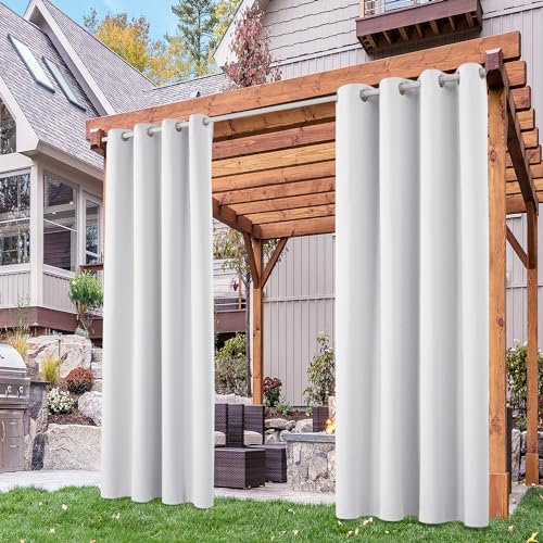 Deconovo Blickdicht Gardinen Outdoorvorhänge Sonnenschutz Outdoor Vorhang Wetterfest Terrassen Sichtschutz Vorhänge Wasserdicht für Balkon Pavillon, 245x132 cm(HöhexBreite), Grau Weiß, 2er Set