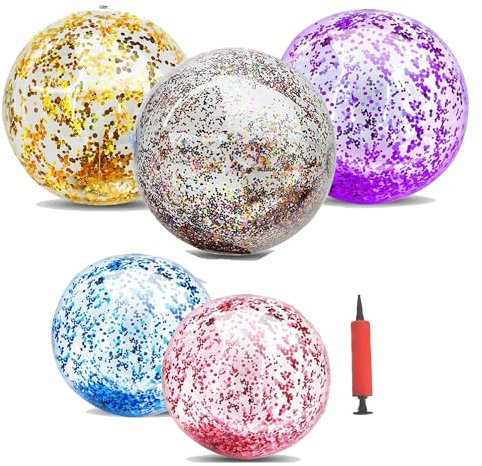 5 Stück Wasserball Aufblasbar Inflatable Pailletten Beach Ball Glitter Strandball Sommer Poolball Outdoor Activity Schwimmbad Pool Beach Party Wasserspielzeug für Kinder Erwachsene (3*40cm+2*60cm)