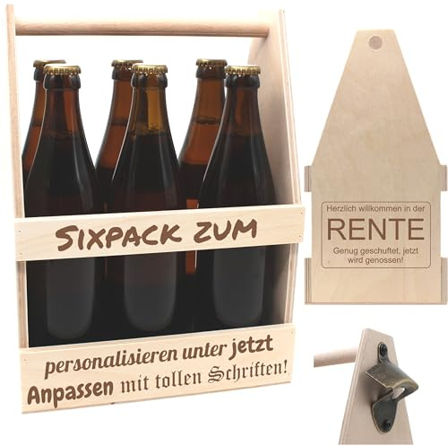 RENTE-Bierträger personalisiert Sixpack Flaschenträger Bierträger aus Holz mit Gravur Männerhandtasche mit Namen Biergeschenk zur Pension Ruhestand Rente Abschied Altersversorgung Ruhestand
