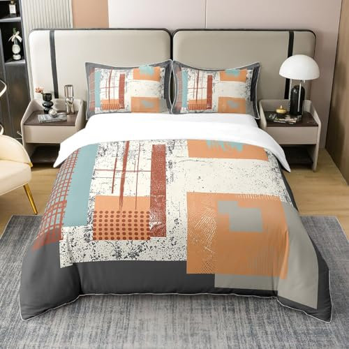 Homewish Parure de Lit 220x240 Adulte Coton Carrée Géométrique, Parure de Lit Jaune-Gris Abstraite Moderne pour Femme Homme, Linge de Lit et Oreillers Imprimé À Carreaux avec 2 Taies d'oreiller