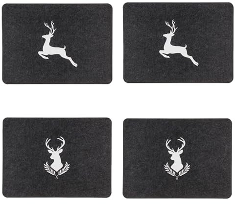 PLATZSET Hirsch aus Filz Tischset, 44x32 cm, 4-teilig, leicht, strapazierfähig, feucht abreibbar (4 x Schwarz (2 x Hirsch + 2 x Hirschkopf))
