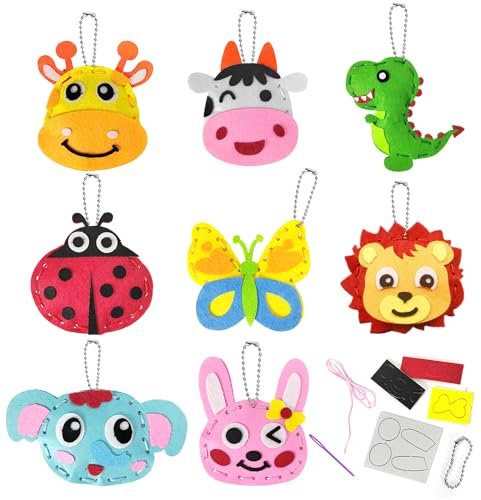 Cosysparks Kinder Nähset für Kinder, 8 Pcak Filz Nähset Kinders Tiere nähen kinders hekeln-set für anfänger filz schlüsselanhänger filz für Anfänger Mädchen Jungen