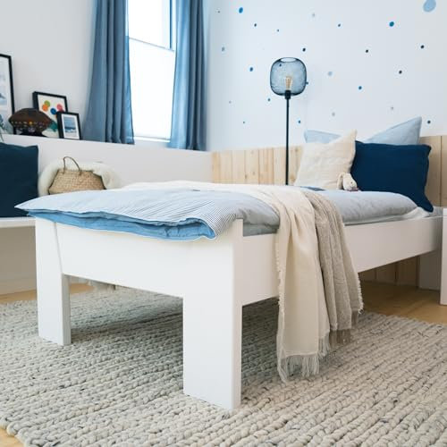 WOMONY Kinderbett/Einzelbett, 90 x 200 cm, Weiß Lackiert, Fichte, Massivholz