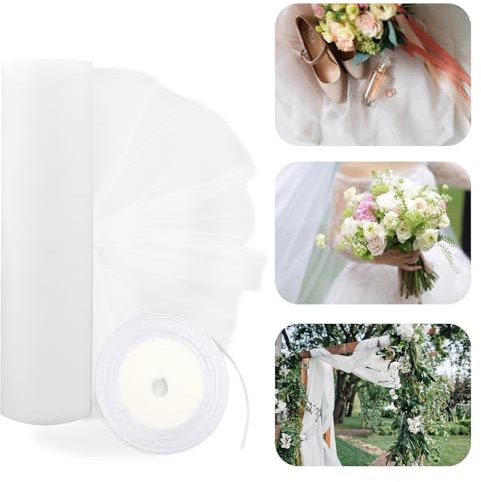 48cm*10m Tüll Rolle Organza Stoff als Dekostoff mit Weiß Band, Tischläufer für Hochzeit, Tutu Rock, Deko, Nähen, Geschenke, Verpackung, Basteln