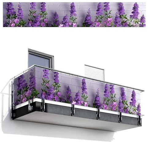 MuchoWow© Sichtschutz/Balkon Einseitig 90x500 cm Groß PVC Terrassen Garten ohne Bohren Wetterfest Gartenzaun Terrasse Balkonschutz Garten Deco Balkonomrandung Blumen - Violett - Steinoptik