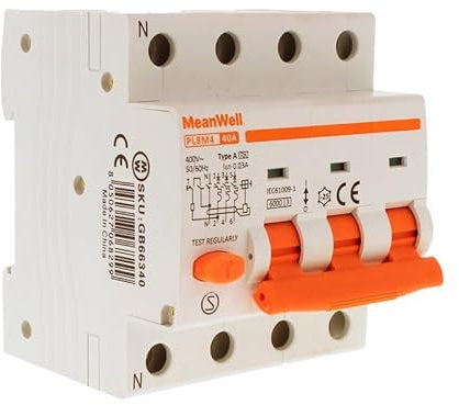MeanWell Interruttore Magnetotermico Differenziale Trifase Tipo A 30mA, RCBO 3P+N C40 40A, Curva C 6000A 380V, 4 Poli Da 4 Moduli Barra DIN