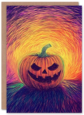 Wee Blue Coo Evil Fun Carved Pumpkin Face Trick or Treat Haunted Scary Halloween Card Blank For All
