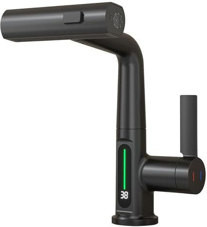 Hanured Grifo Cocina Extraible, Grifo Mezclador de Fregadero de Agua fría y Caliente, Grifos de Cocina Fregadero con Pantalla Digital de Temperatura LED